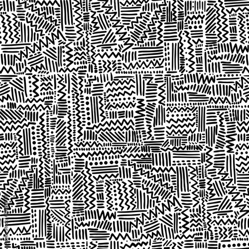 Seamless geometric vector pattern in rythmic ethnic Memphis style, linear background.