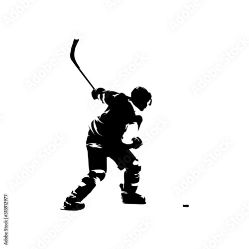 Ice hockey player shooting puck, isolated vector silhouette, ink drawing