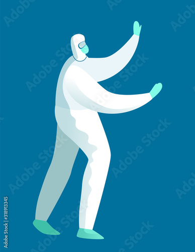 A man in a chemical protection suit stops the virus. Chinese coronavirus 2019-nCoV.