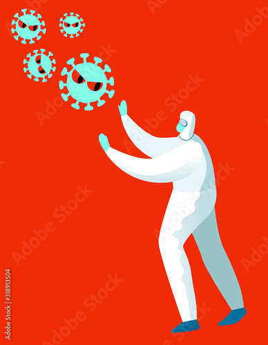 A man in a chemical protection suit stops the virus. Chinese coronavirus 2019-nCoV.