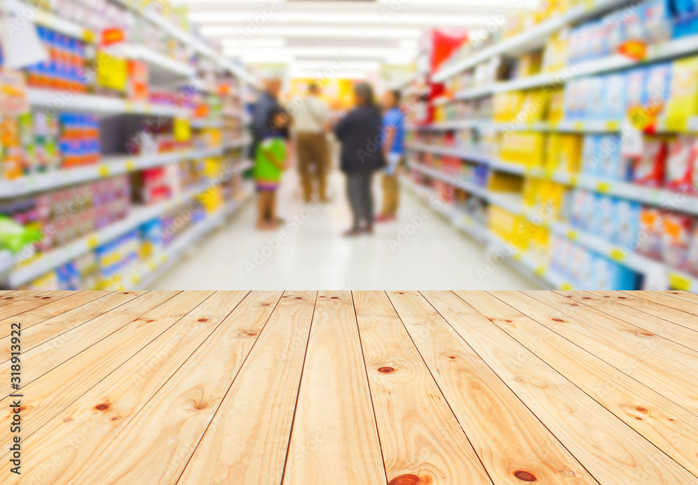 Wood floor and Supermarket blur background, Product display, template,