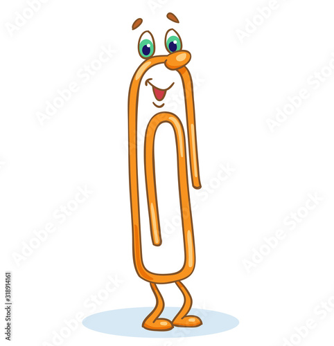 Little orange paper clip in cartoon style. Isolated on white background. Vector illustration.