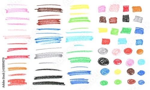 Colorful textured chalk stripes, squares and circles. Pastel, crayon hand drawn colourful elements. photo