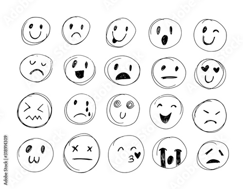 Doodle emoticons. Hand drawn pen emoji set. Pencil sketch 
