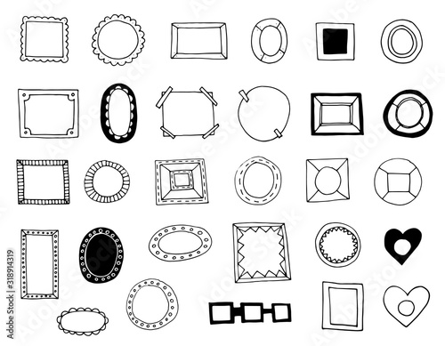 Hand drawn square and oval picture frames. Doodle photo frame set. 