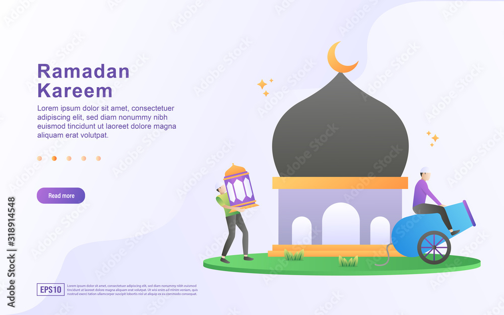 Naklejka premium Ramadan kareem flat design concept. People see fireworks during Ramadan. Welcoming Ramadan with fireworks. Be happy when Ramadan comes. Can use for web landing page, banner, ui. Vector Illustration