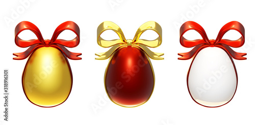 Set of 3 stylized Easter eggs on a white background. Red, white and gold eggs wrapped in glossy ribbons with bows on top. 3D illustration of a side view.