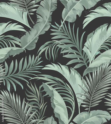 Jungle vector pattern with tropical leaves.Trendy summer print. Exotic seamless background.