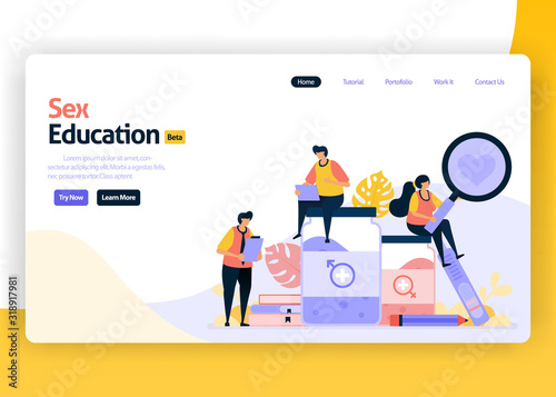 Vector illustration landing page for sex education for student and school. Reproduction and sexuality for teenagers. Safe relation with condom. Web, website, landing page, mobile app, flyer, banner