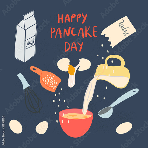 Pancakes making process. Ingredients and cookware