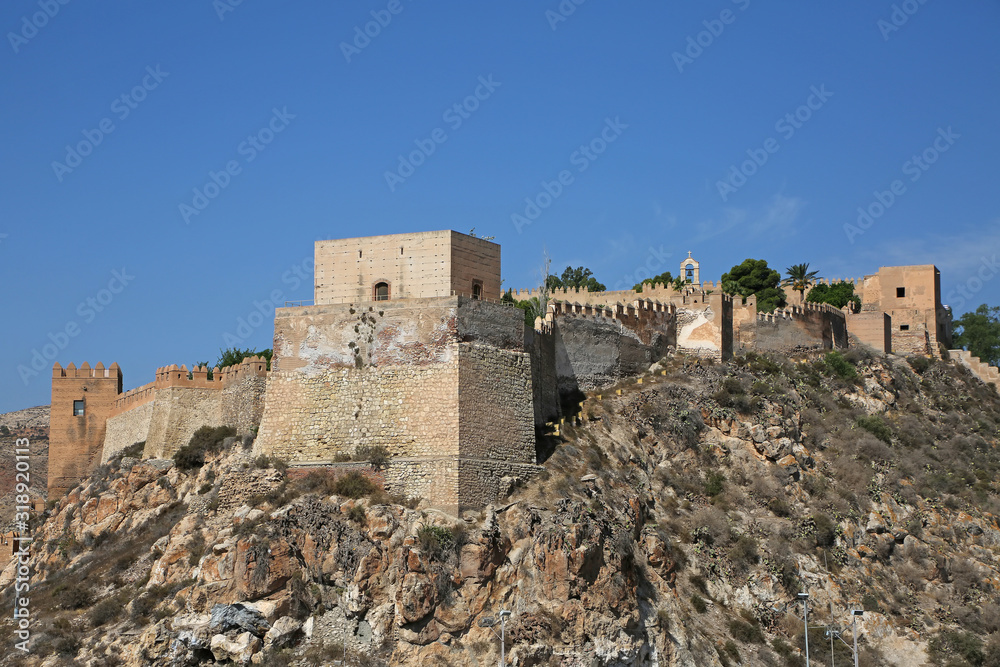Entrance to the Alcazaba Castle, looking at the fortified walls & gateway, Almeria Spain