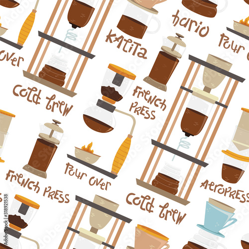 Seamless pattern of alternative methods of brewing. Coffee culture. Aeropress, hario, pour over, geyser coffee maker, cold brew, french press, kalita, filter coffee, coffee machine.
