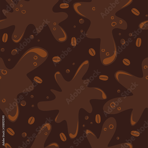 Vector brown seamless pattern of spilled coffee with a splash.