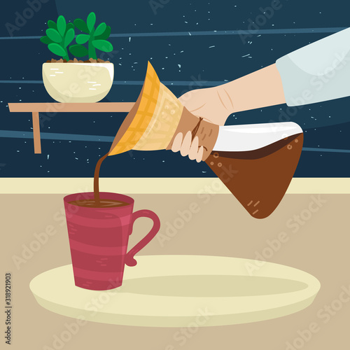 The girl pours coffee from filter cofee maker to the cup of coffee. Alternative methods of brewing coffee. Coffee culture.