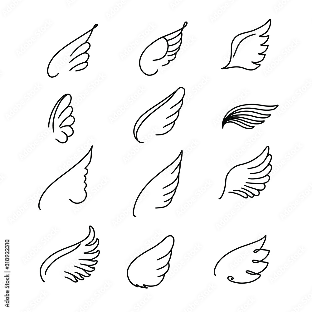 Vector wings icon set. Bird or angel wing silhouette illustration design feather. Wings icon sketch collection hand drawing. Vector wings icon set. Bird or angel wing silhouette illustration design feather. Wings icon sketch collection hand drawing.
