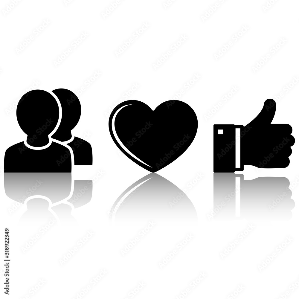 Icons: people, heart and thumb up with mirror reflection Icons: people, heart and thumb up with mirror reflection