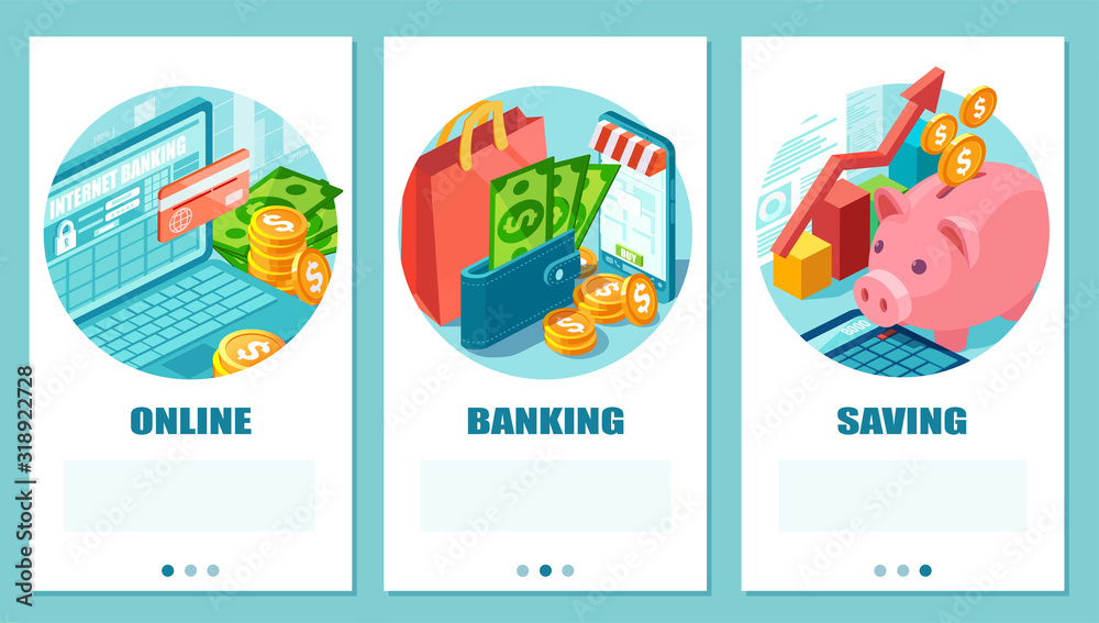 vector set of online banking, shopping and saving concept