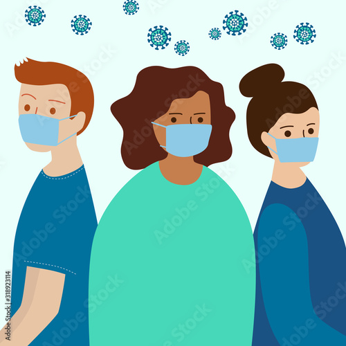 People in medical masks. Viruses around. Vector illustration.