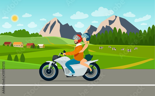 Man and woman ride a motorcycle against the backdrop of a countryside landscape with cows. Vector flat style illustration.