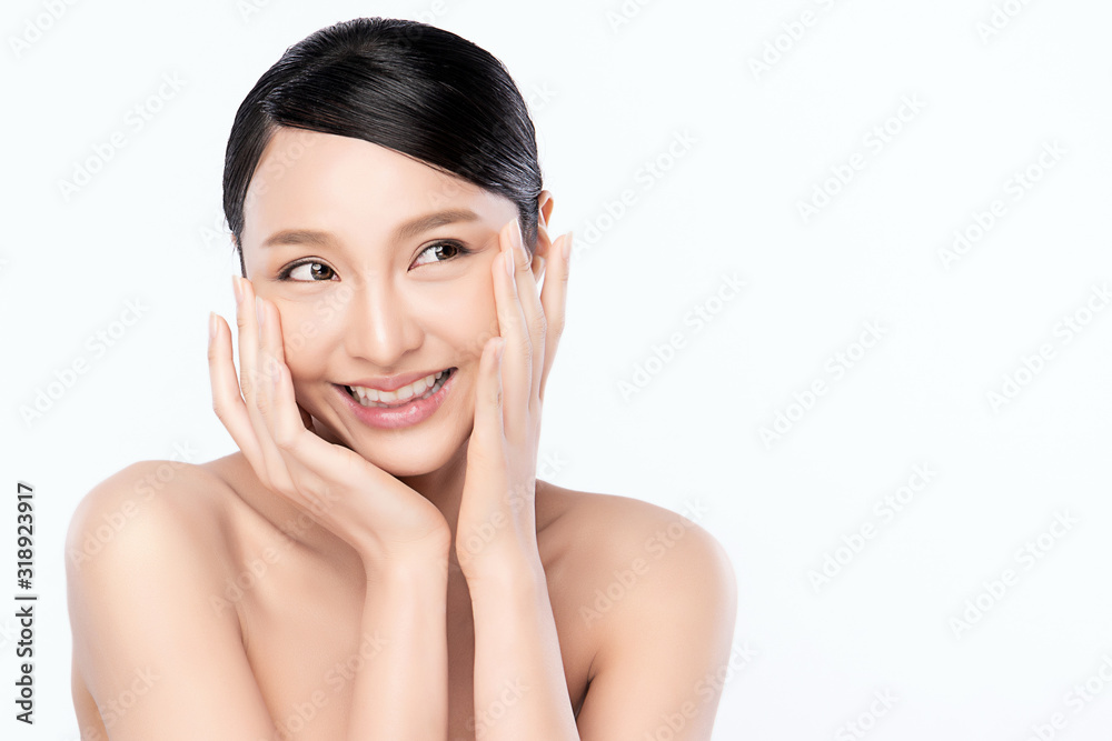 Portrait beautiful young asian woman clean fresh bare skin concept. Asian girl beauty face skincare and health wellness, Facial treatment, Perfect skin, Natural makeup, on white background,two Portrait beautiful young asian woman clean fresh bare skin concept. Asian girl beauty face skincare and health wellness, Facial treatment, Perfect skin, Natural makeup, on white background,two