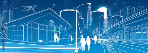 Outline industry and city panorama. Evening town urban scene. People walking at garden. Illuminated highway  Night shop. Power Plant in mountains. White lines on blue background. Vector design art