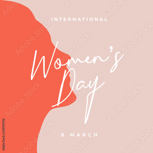 International Women's Day poster background template design with feminine typography font and beautiful girl silhouette vector illustration