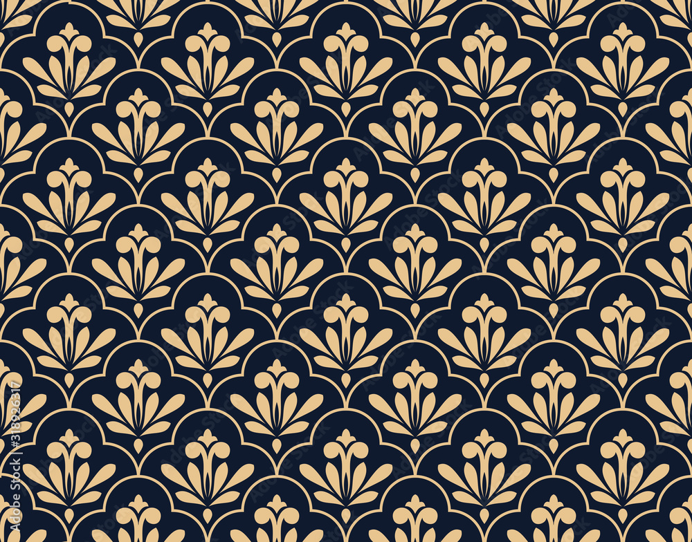 Flower geometric pattern. Seamless vector background. Gold and dark blue ornament. Ornament for fabric, wallpaper, packaging. Decorative print