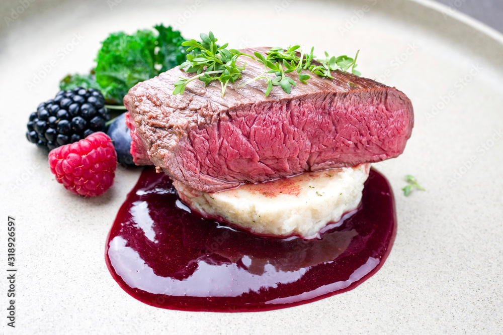 Fried dry aged venison tenderloin fillet medallion steak natural with ...