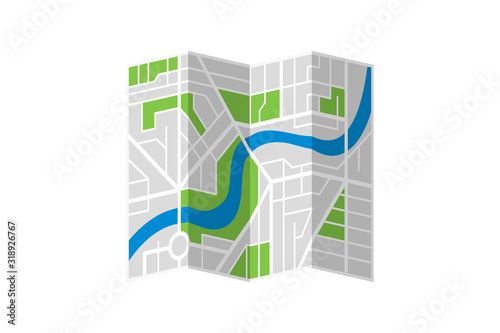 Generic imaginary city street folded map plan with river. Vector colorful town flat eps illustration isolated schema