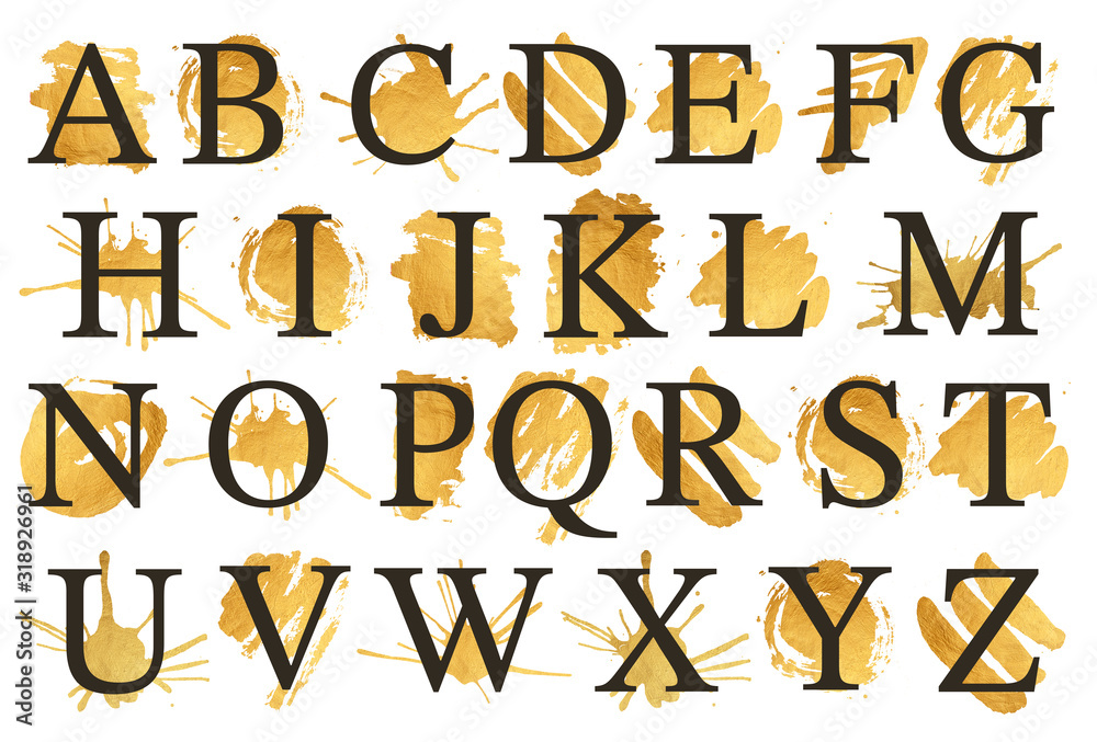 Hand painted watercolor abstract gold alphabet art. Hand painted watercolor abstract gold alphabet art.
