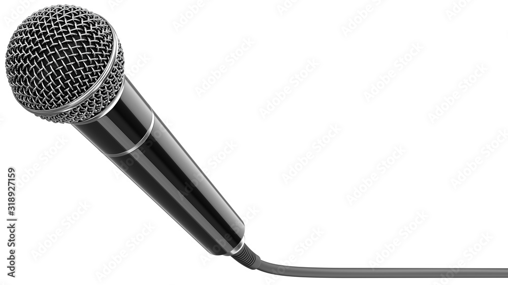 Wired microphone as a concept for karaoke, radio broadcasting and sound  recording. 3D rendering illustration of a black mic with cable isolated on  a white background Illustration Stock | Adobe Stock