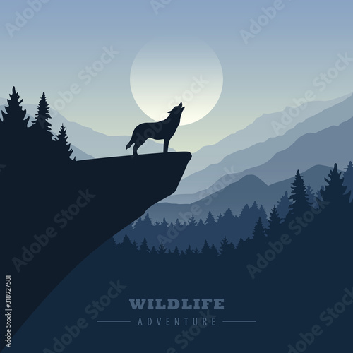 wolf on a cliff howls at full moon blue nature landscape vector illustration EPS10