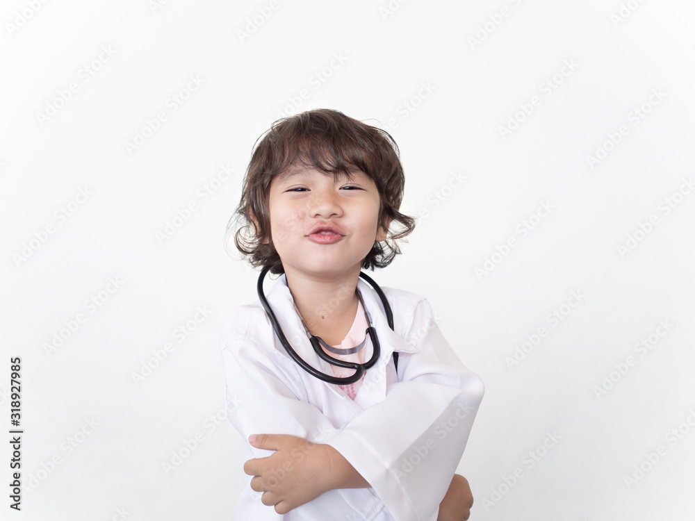 Kid girl with stethoscope, in white doctor uniform, healthy child, doctor kids Kid girl with stethoscope, in white doctor uniform, healthy child, doctor kids