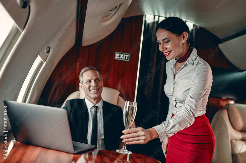 Stewardess and businessman in private jet