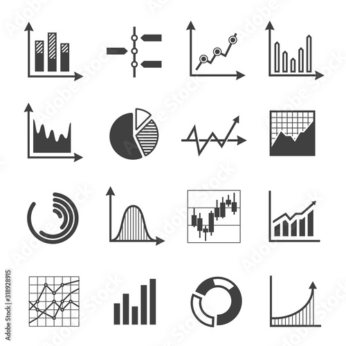 Graphs, charts and diagrams glyph icons set