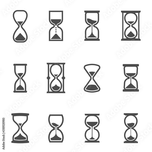 Hourglasses, ancient horologe, vintage clocks glyph icons set