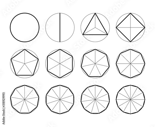 Set of geometric shapes. Polygons. Division of a circle into different parts