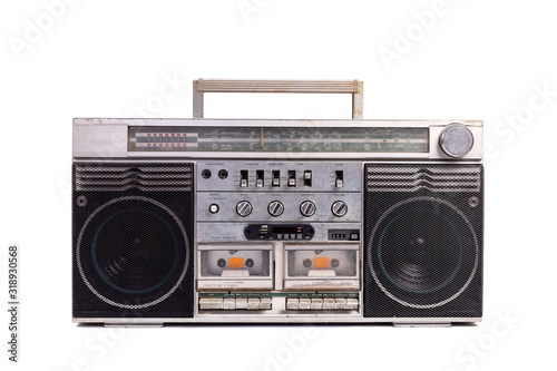 Retro portable stereo radio cassette recorder isolated on white background photo