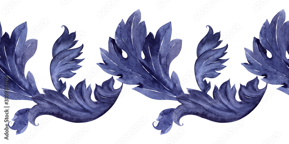 Fototapeta premium Watercolor seamless border with a stylized acanthus plant. Leaves, twigs and flowers