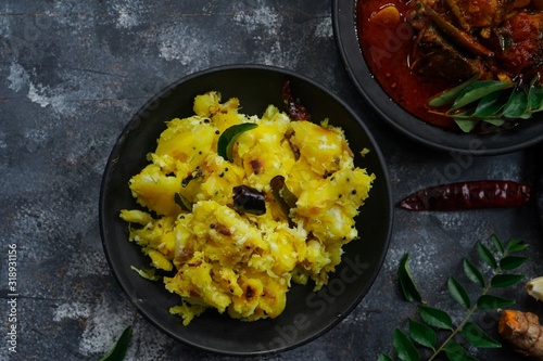 Kappa and meen curry / Spicy Red fish Curry with Cassava or Tapioca photo