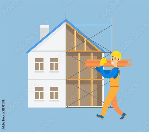 Workman carrying heavy bulky items vector, builder with bricks and blocks wearing helmet and walking on construction of new house estate building isolated