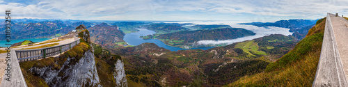 Picturesque autumn Alps mountain lakes view from Schafberg viewpoint, Salzkammergut, Upper Austria.