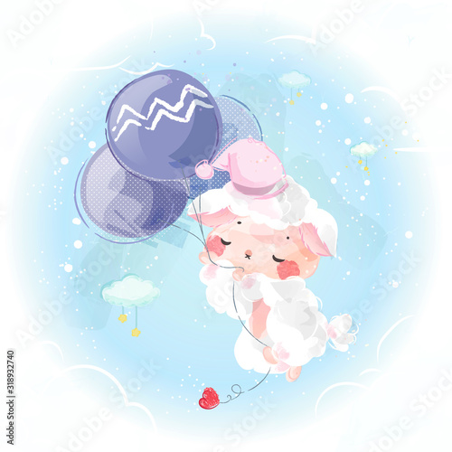 The dreamy sheep is sleeping with a large group of balloons in the bright sky.