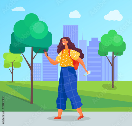 Teenager spend leisure time on summer holidays in urban park. Girl hold phone in hand and messaging to somebody. Landscape with greenery and silhouette of city buildings. Vector illustration in flat