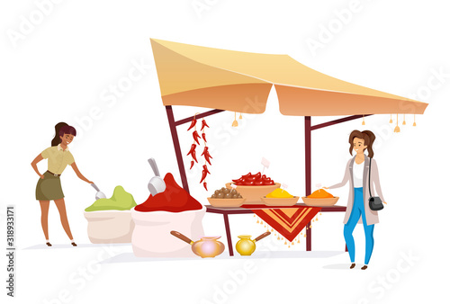 Woman choosing spices flat color vector faceless character. Tourist buying, doing shopping at eastern marketplace. Indian bazaar awning with seasoning isolated cartoon illustration on white background