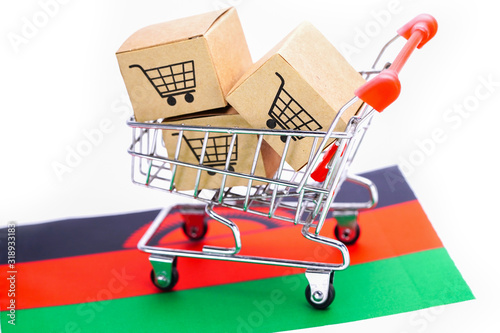 Box with shopping cart logo and Malavi flag : Import Export Shopping online or eCommerce finance delivery service store product shipping, trade, supplier concept.. photo