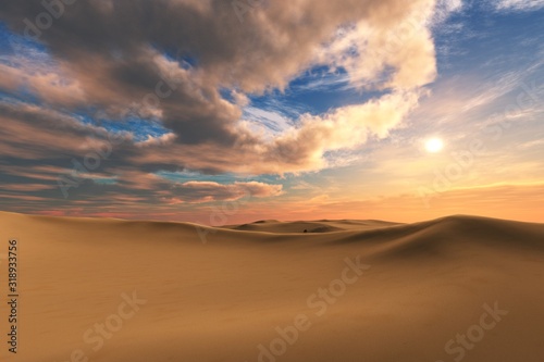 Sand desert at sunset ,, beautiful sky over the desert, 3D rendering