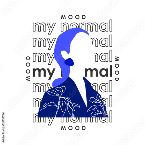 Modern blue face firl with slogan. Typography graphic print, fashion drawing for t shirt