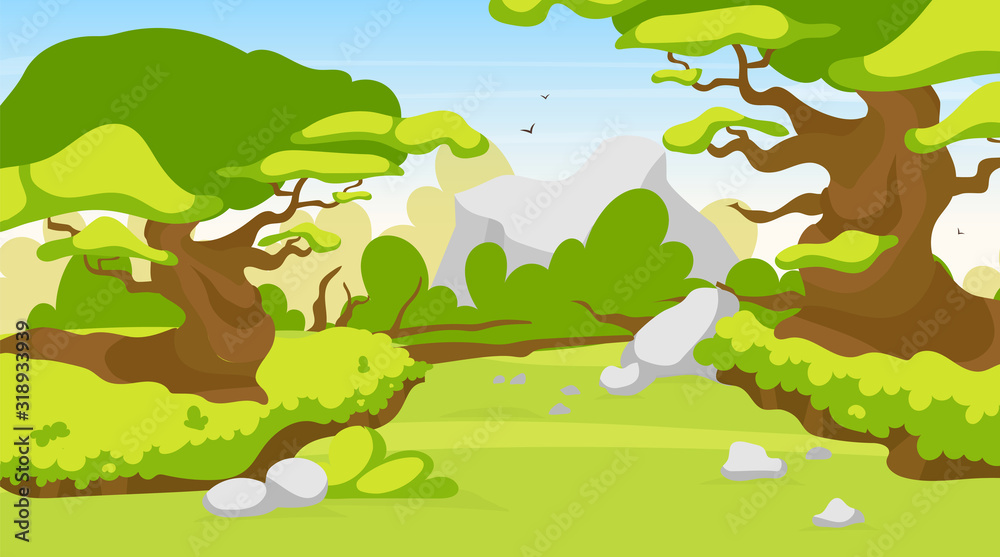 Obraz premium Trail blazing vector illustration. Road in fantasy forest. Way through mystical jungle. Panoramic landscape with path through woods. Route to explore exotic wild land. Rainforest cartoon background