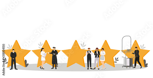 Five star hotel flat color vector illustration. Luxury hospitality service. Security, doorman, porter. Administrator, waiter, housekeeper. Staff isolated cartoon characters on white